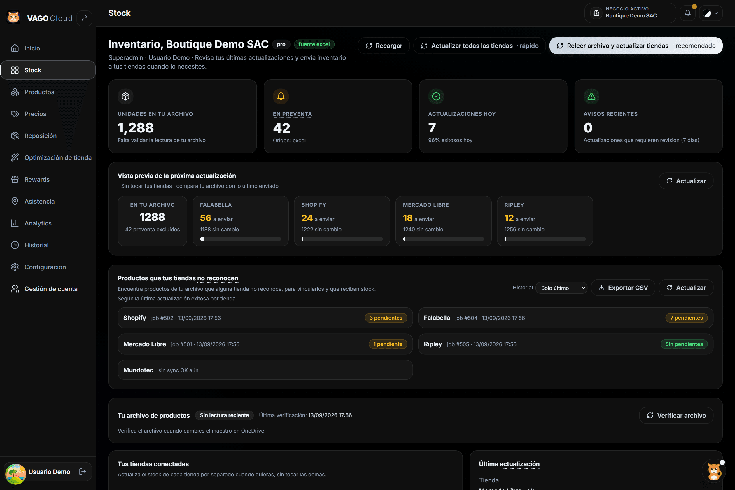 Pantalla de Stock de VAGO Cloud comparando las unidades del archivo maestro con las de cada tienda conectada.
